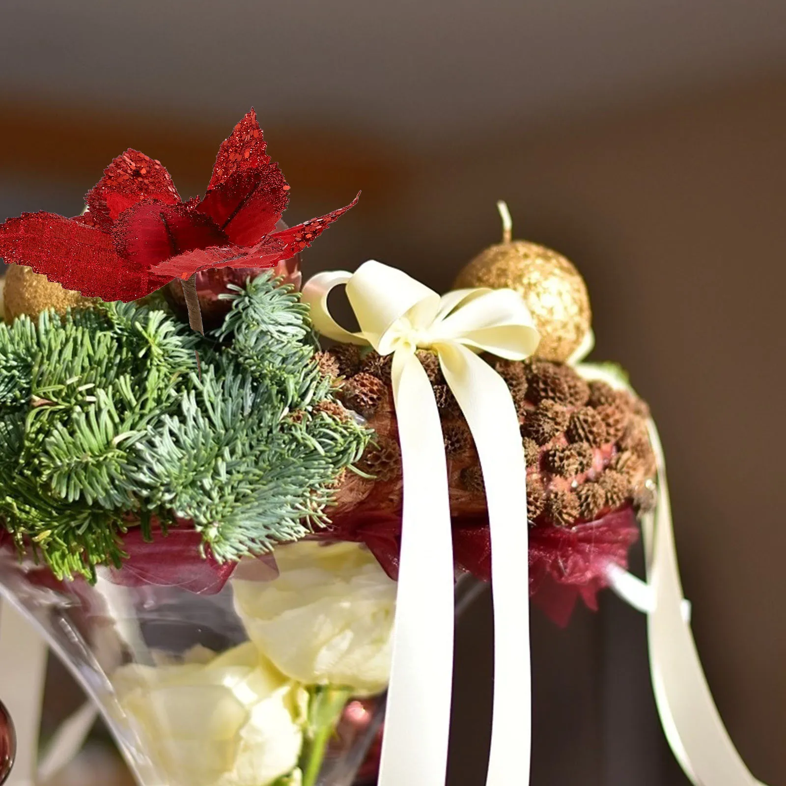 

6 Pcs Christmas Tree Decorations Fake Flowers Polyester Simulated Artificial Bouquet