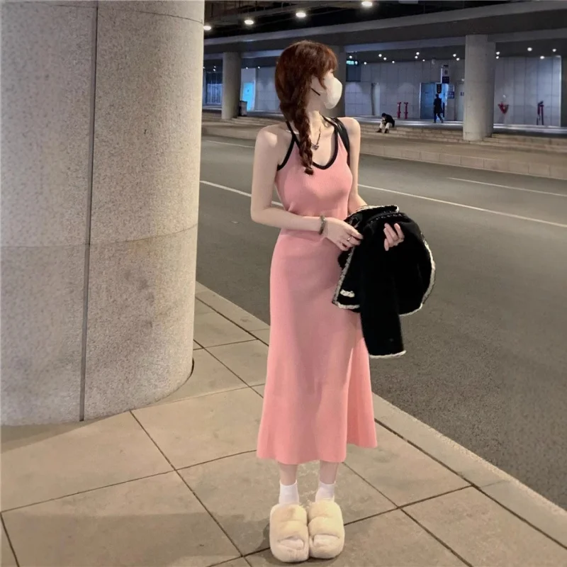 

American-Style Sweet and Spicy Contrast Color Knitted Sling Dress Summer Outer Wear Slim-Fit Slimming Hot Girl Skirt Sk