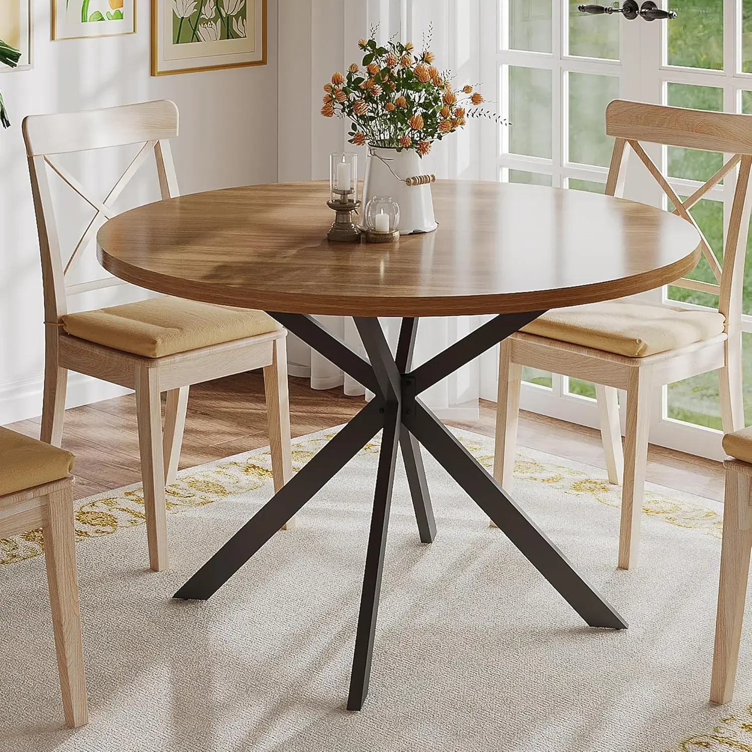 Promotion47.2 Inch Round Dining Table for 4, Farmhouse Wood Kitchen Table, Round Dinner Table for Kitchen & Dining Room, Walnut