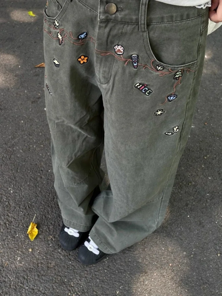 

Ретро американские тяжелые прямые джинсы с цветочным принтом, женские повседневные утягивающие широкие брюки с высокой талией, весна-осень, модные...