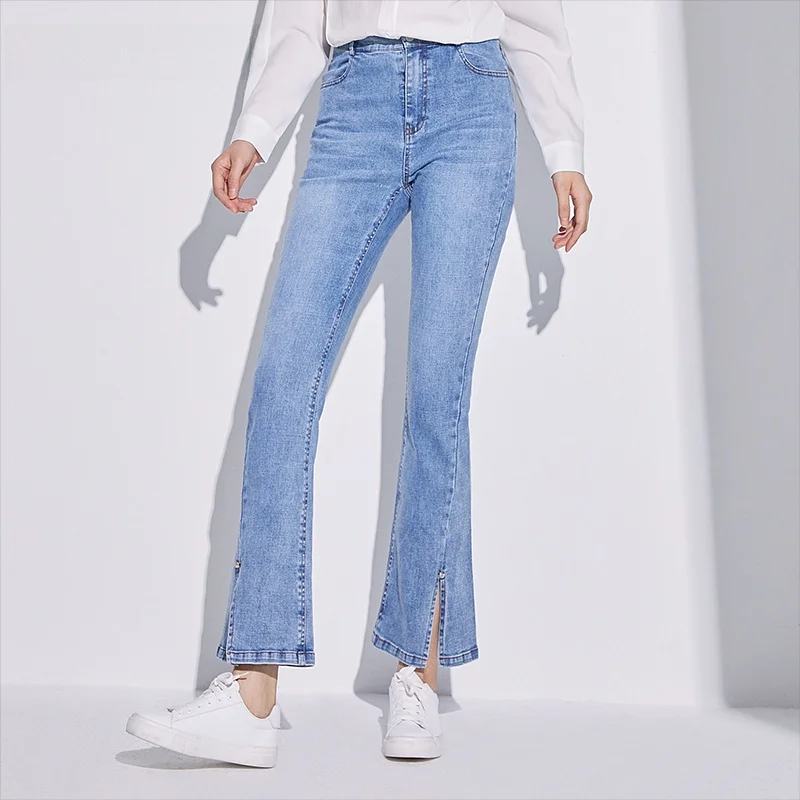 

High Waist Bell Bottom Jeans Light Blue Classic Style Slim Fit Spring Autumn New Arrival Women's Premium Denim Cotton Stretch