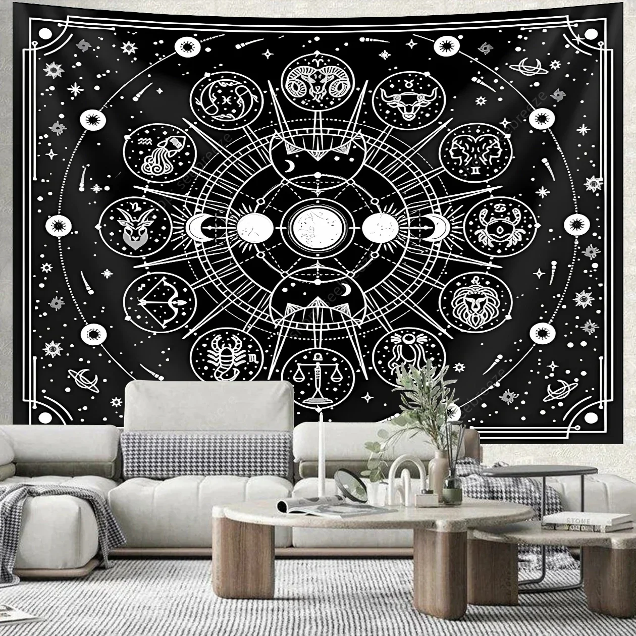 Zodiac Astrology Tapestry Black and White Constellation Tapestry Wall Hanging Teen Girl's bedroom dorm decor witchcraft supplies