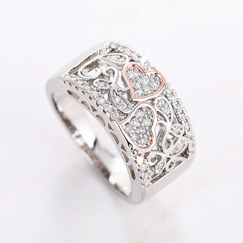 Huitan Doppel-Herz-Ring im zweifarbigen Stil für Damen, Hochzeit, Party-Zubehör mit brillantem Zirkonia, modischer, anmutiger Fingerschmuck