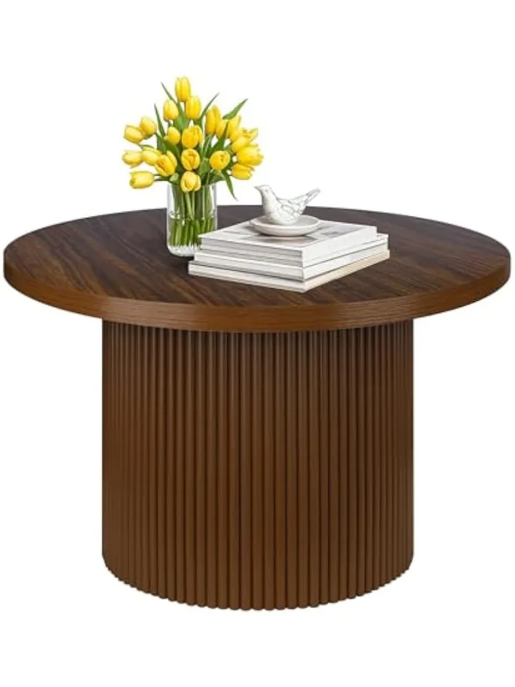 

31.5“ Unique Fluted Coffee Table,Small Brown Wood Tea Table,Mid Century Modern Boho Circle Rustic Center Table for Living