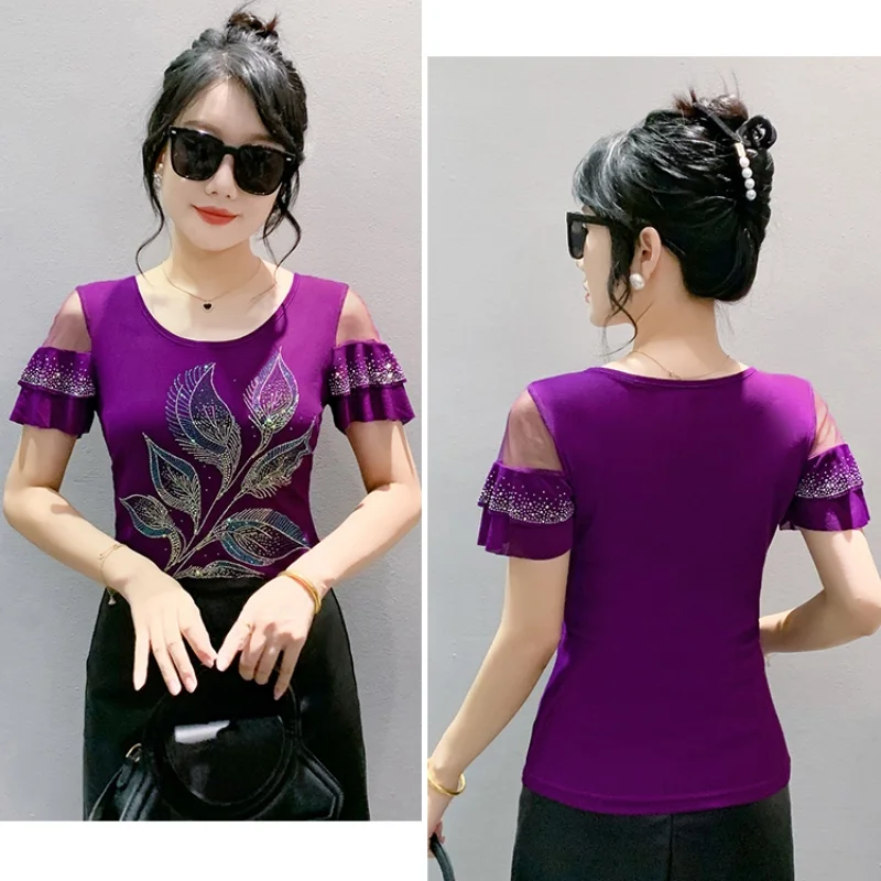 New 2025 Summer Design Short Sleeved Women's T-Shirt High Quality Fashion Hot Diamond Elegant Slim Chic Ruffles Mesh Top Blusas