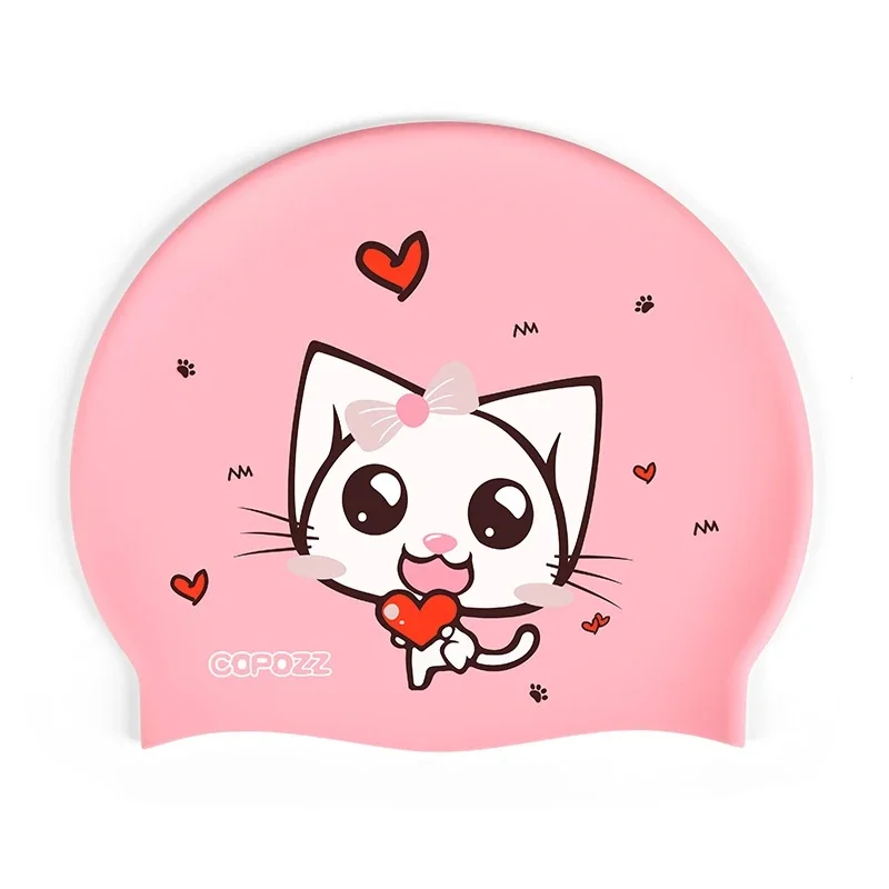 COPOZZ Kids Swimming Cap Cartoon Cute Pig Cat Design Boys Girls Elastic Waterproof Ear Protection One Size Comfort Swim Pool Hat
