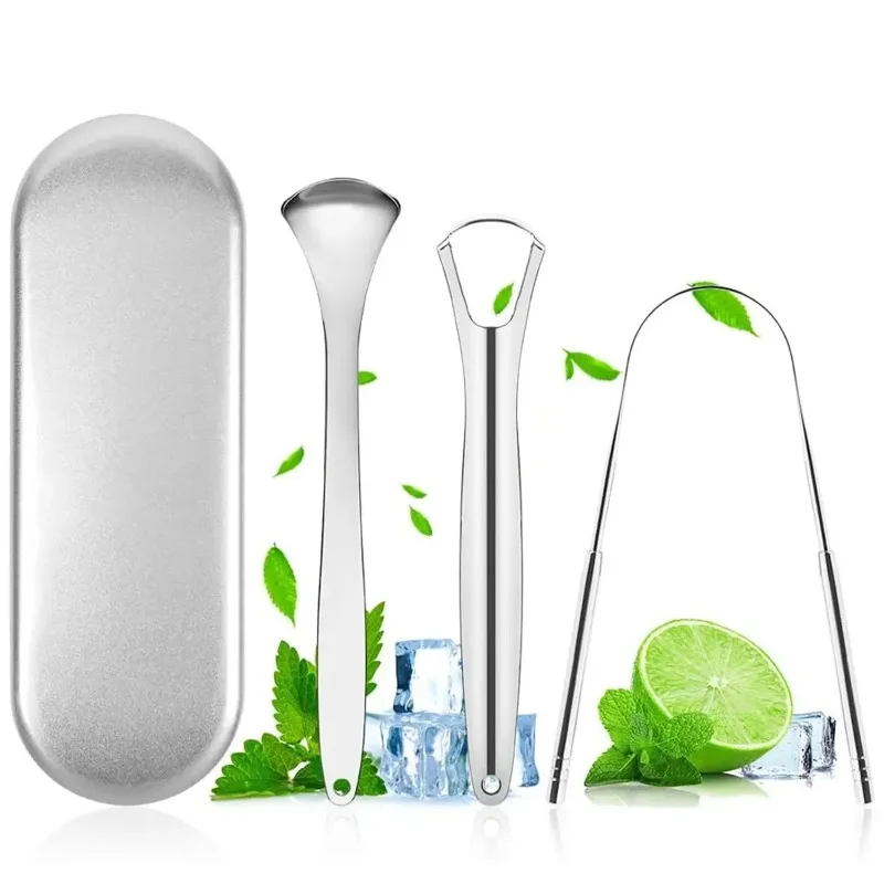 3-Piece Stainless Steel Tongue Cleaner Set with Iron Box - Practical Oral Tongue Scraper for Effective Tongue Coating Removal