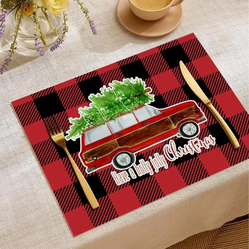 Christmas Linen Placemat Car Printed Santa Claus Western Plate Heat-Resistant Wearable Luxury Tableware Table Pad