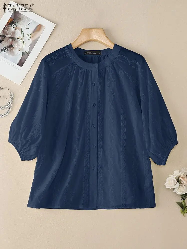 Elegant Shirts 2025 ZANZEA Summer Embroidered Blouse Women Casual O Neck Half Sleeve Work Blusas Loose Chemise Button Tops Tunic