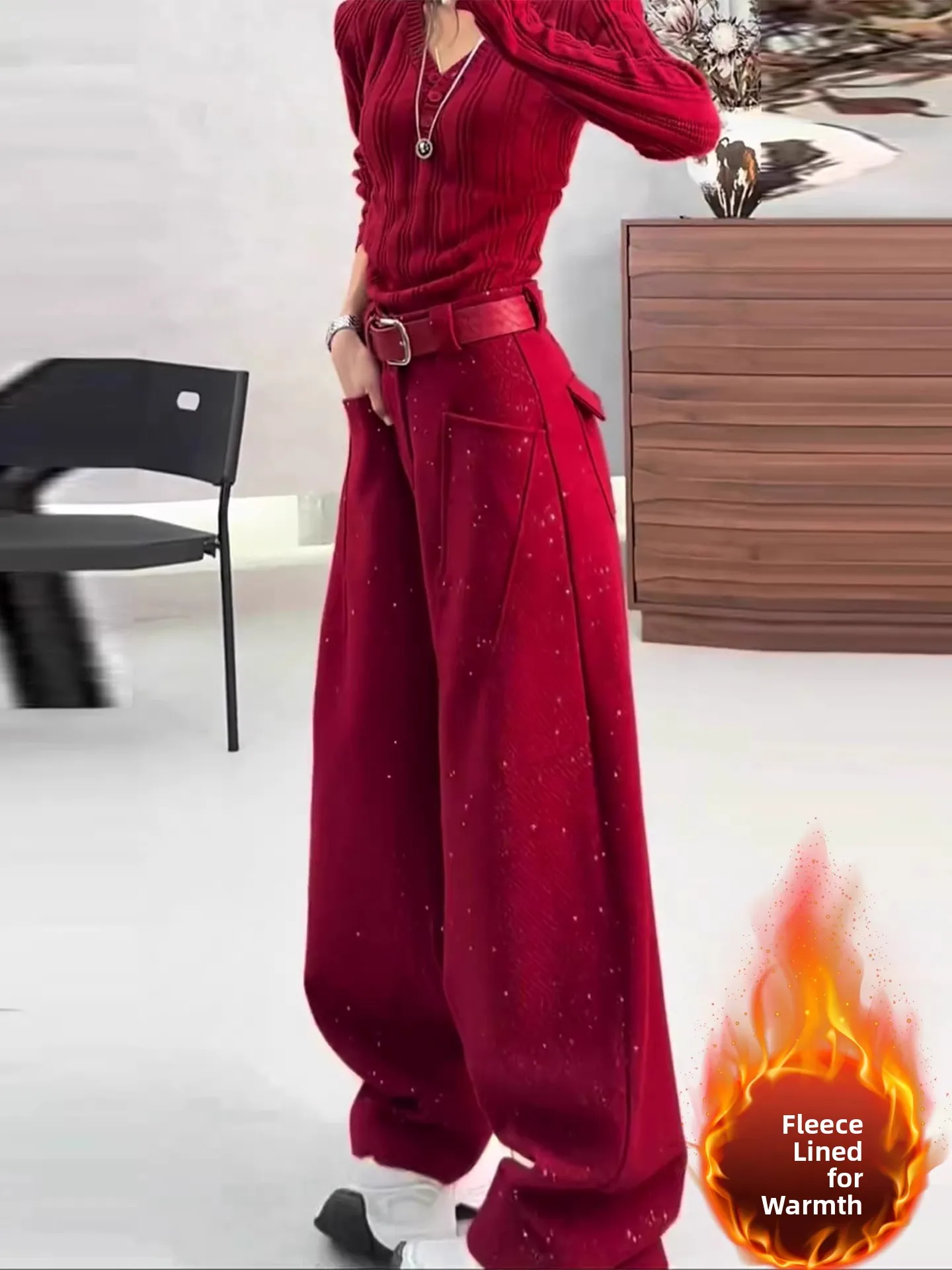 

High Waist Wide Leg Pants Women's Fleece Lined Sparkling Straight Casual Trousers for plus Size Comfortable Slimming Effect