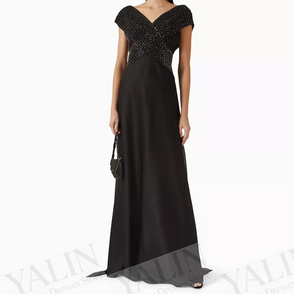

Women's A-line Evening Dresses Floor-length V-neck Sleeveless Prom Gown Fashion Sequined Simple Draped Backless Customized Gowns