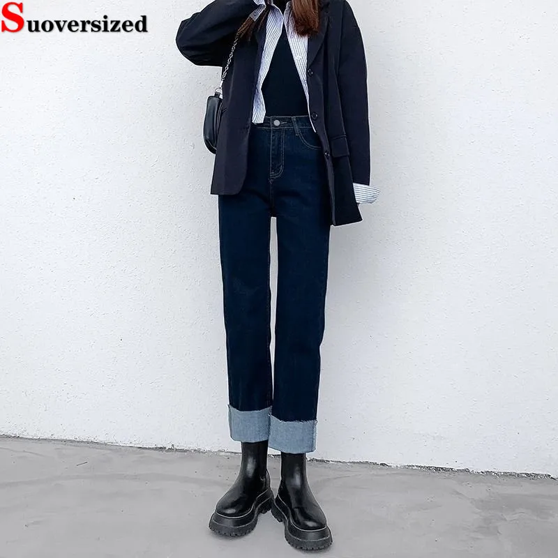 

Cuffed High Waist Ankle-length Straight Jeans Korean Strecth New Pantalones Vintage Casual Vaqueros Women Streetwear Denim Pants