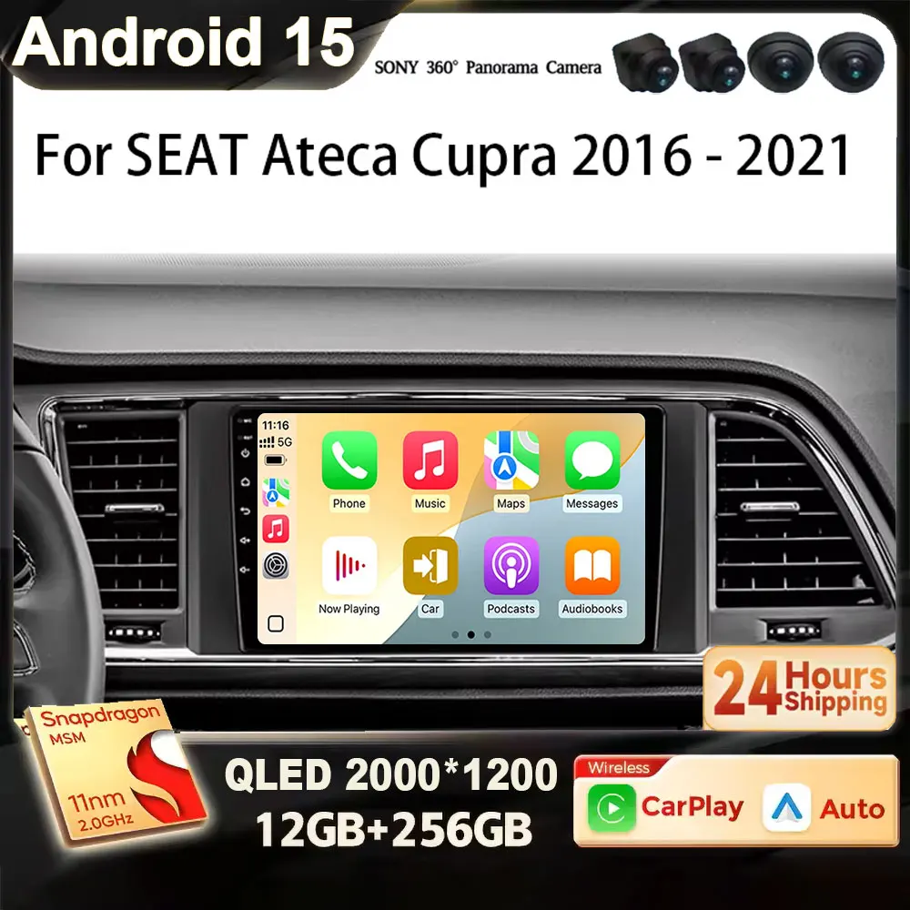 for SEAT Ateca Cupra 2016 - 2021 Android 15 2K QLED Screen 2din Car Radio Multimedia Video Player GPS Carplay Auto 4G RDS DSP BT