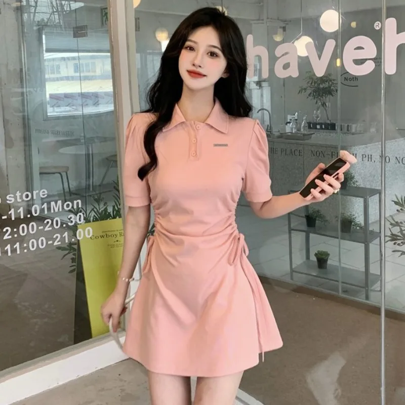 Turn-down Collar Short Sleeve Dress Elegant Women Summer New Drawstring Waist Slim Sweet Spicy Solid Color Women Short Dress