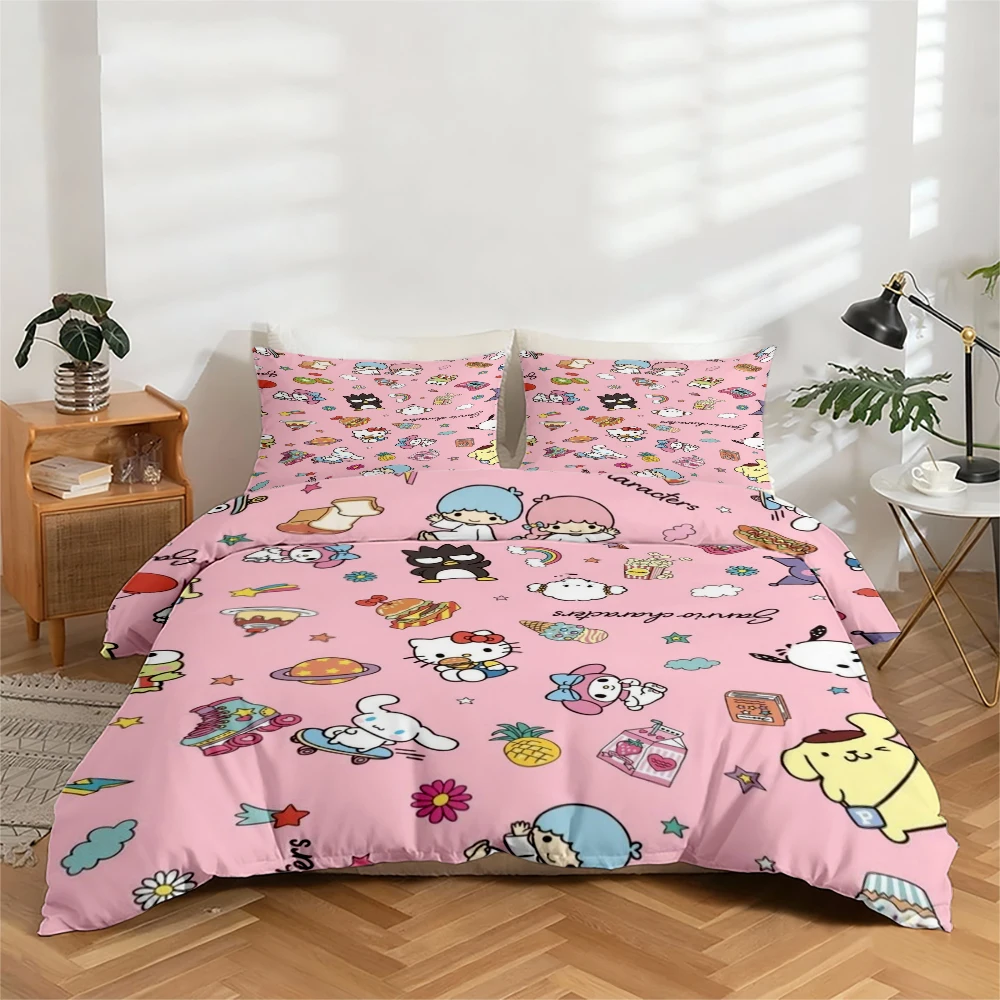

3-Piece High-Definition Digital Printed Bedding Set, Large Floral Hello Kitty and Cartoon Character Pattern Duvet Cover Set, Includes 1 Duvet Cover + 2 Pillowcases, Suitable for Bedroom, Guest Room, Home Decoration, Polyester Fiber Duvet Cover + Pillowcas