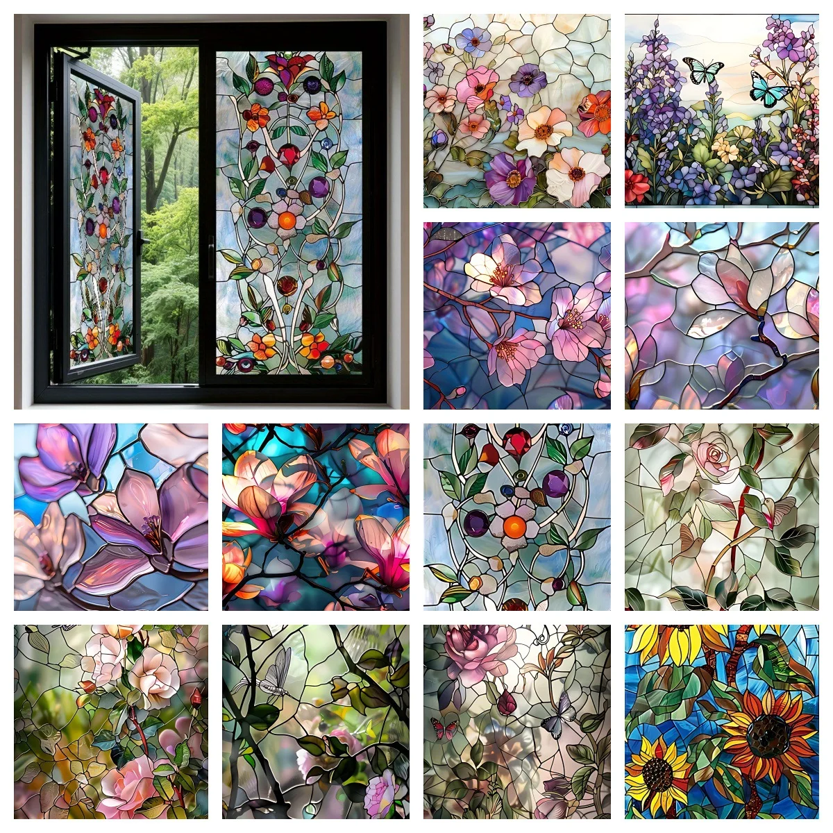 2 Stück Europäische PVC-Fensterfolie mit Statischer Haftung, Buntglasfolie mit Bemalten Pflanzen und Blumen, Fensterdekoration für Zuhause