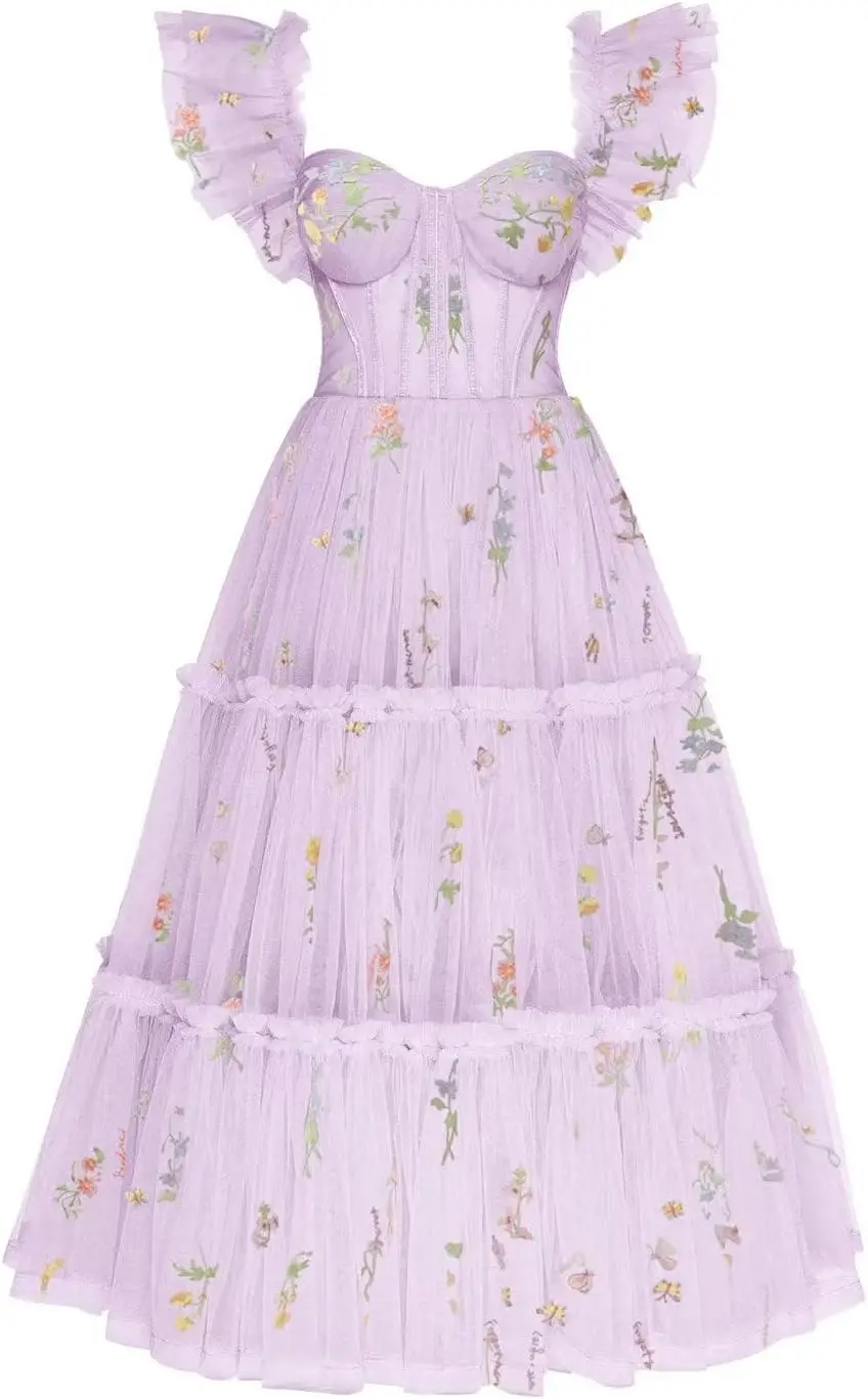 

Women's Short Ruffle Sleeve Flower Embroidery Prom Tulle Tiered Tea-Length Formal Evening Party Floral Gowns Graduation Dress