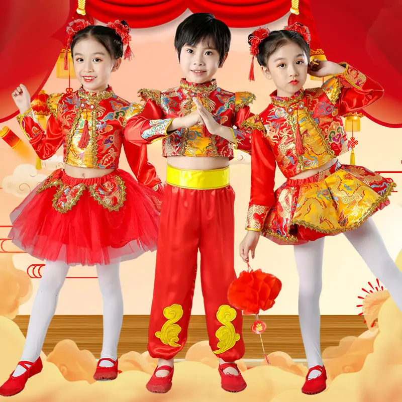 Nowy Chiński Tradycyjny Smok Yangko Strój Ludowy Taneczny Dziewczęcy Chłopięcy Czerwony Hanfu Noworoczny Strój na Występ Sceniczny