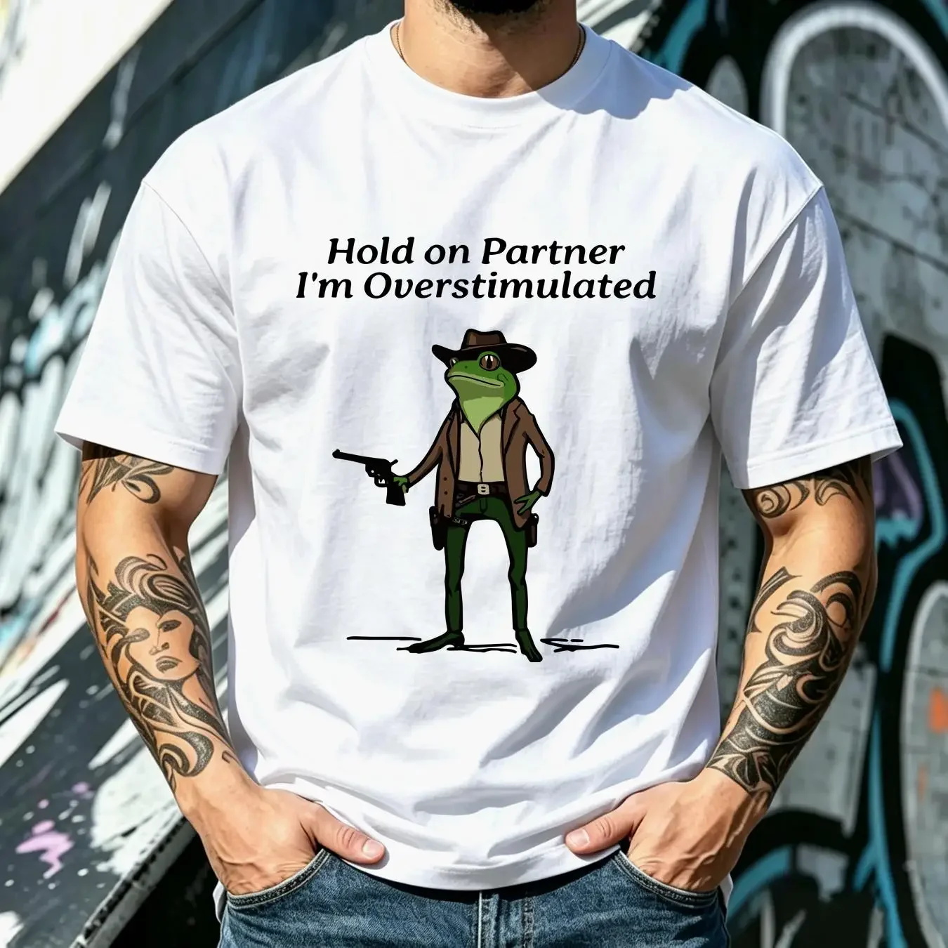 washed T Shirt Hold On Partner Im Overstimulated Men Cowboy Frog Unhinged Weirdcore Clothing Gen Z Funny vintage Washed Unisex