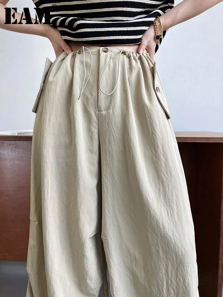 

[EAM] High Waist Apricot Drawstring Long Wide Leg Casual Pants New Trousers Women Fashion Tide Spring Autumn 2024 1DH6000