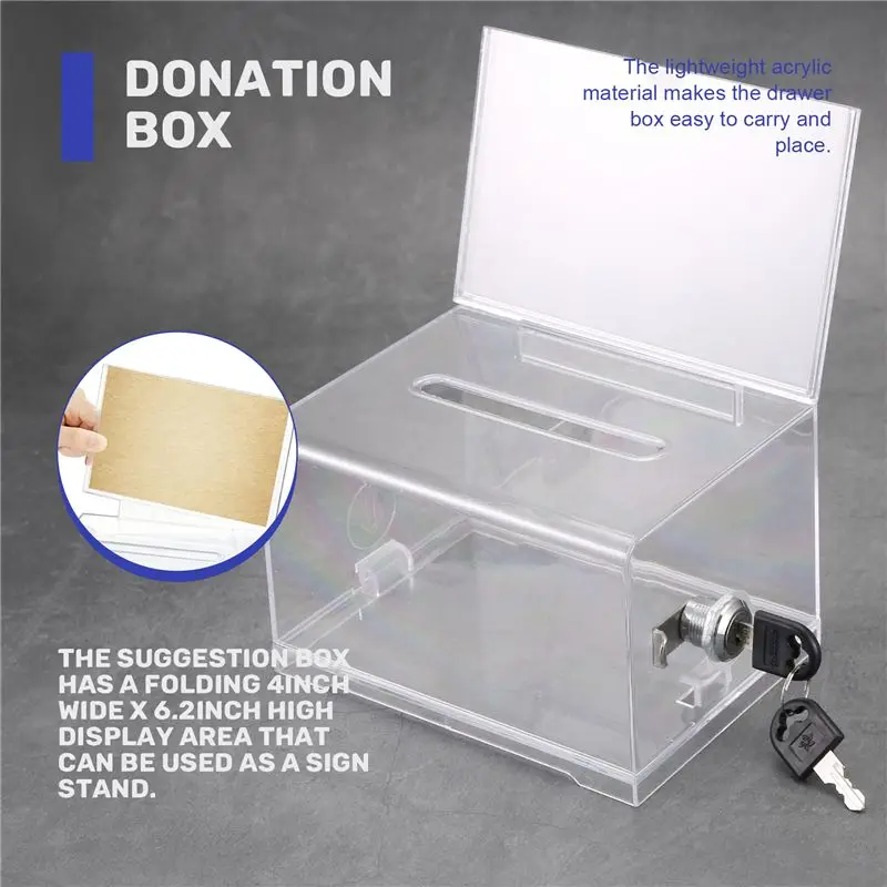 A21Q -1 Pack Acrylic Donation Box With Lock, Clear Ballot Box With Sign Holder, Suggestion Box For Fundraising