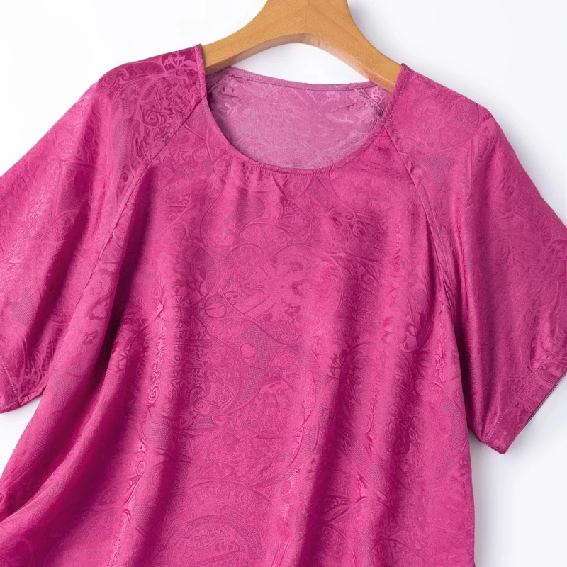 Birdtree, 20MM 100% Silk Jacquard Tshirt, O-neck Short Sleeves Top, Women Plain Satin Reversible Shirt, 2026 Autumn New T67028JF