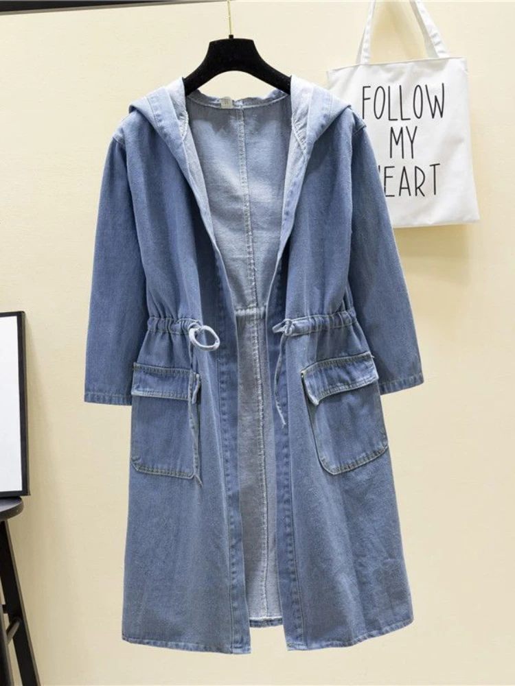 Fitaylor New Spring Autumn Loose Hooded Denim Jacket Women Casual Drawstring Big Pockets Long Coat Fashion Solid Color Outwear