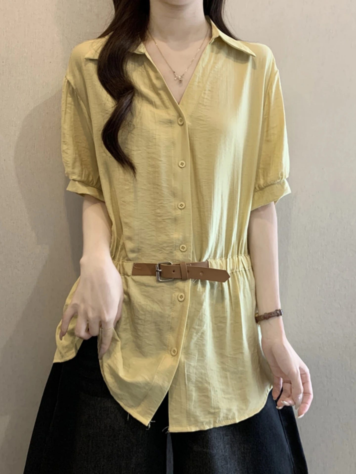 

Slimming V-Neck Short Sleeve Belted Waist Midi Shirt Women's Summer New plus Size Fat MM Mid-Length Cover Belly Top