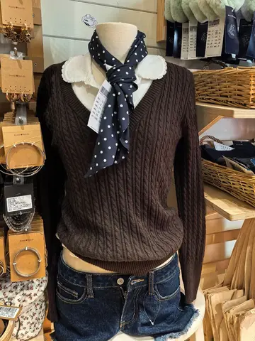 Twisted Flower Brown Slim Sweater Woman Spring V-Neck Long Sleeve Cotton Jumpers American Vintage Casual Sweet Pullover Tops