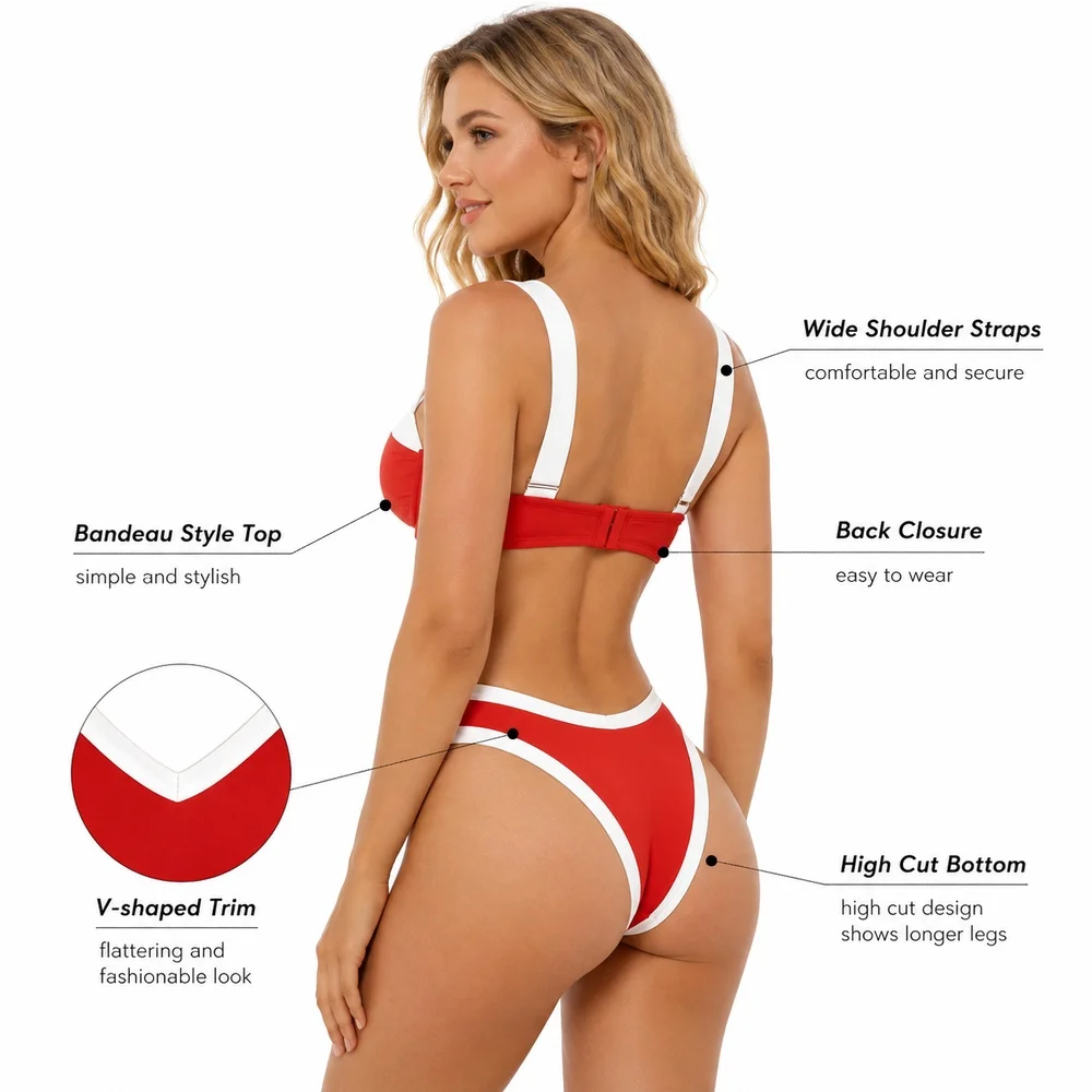

Women Red Color Block Bikini Set White Trim Wide Strap Top High Cut Bottom Two Piece Swimsuit Beach Pool Vacation Wear