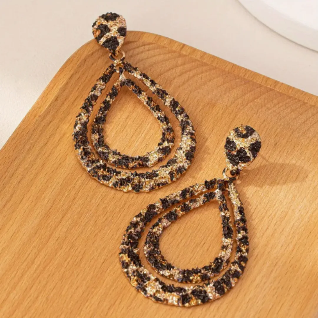 Double-Layer Leopard Print Vintage Alloy Fashion Earrings Unique Exaggerated Design for Trendsetters
