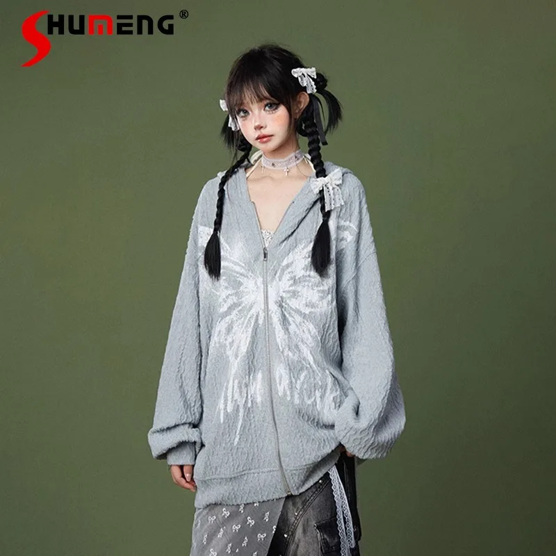 

Grey Hooded Sweatshirts Women's Clothes Coat Autumn And Winter Original Design Smudged Butterfly Knitted Cardigan Zipper Jackets