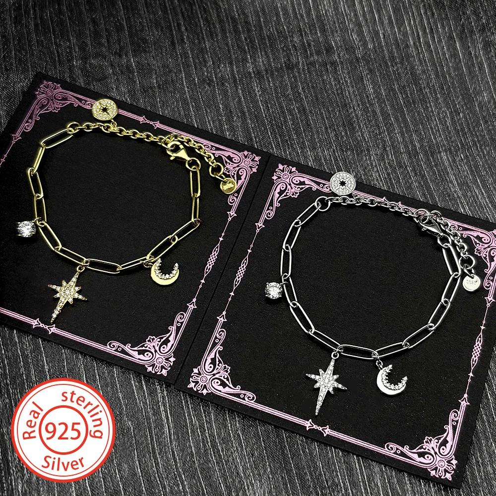 

Luxury 925 Sterling Silver Zircons Moon Star Bracelets For Women Girls Gold Plated Adjustable Hand Chain Party Jewelry Gifts