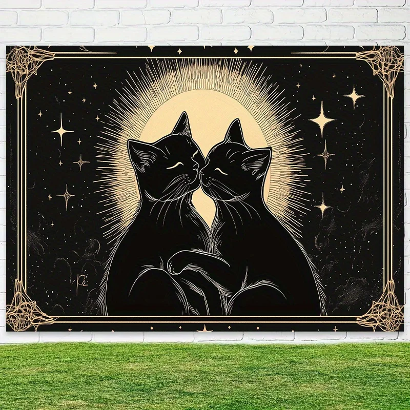 Celestial Cat Lovers Boho Wall Tapestry Starry Night Art Decor Print Moon Astrology Minimalist Aesthetic Poster Wall Hanging Cou