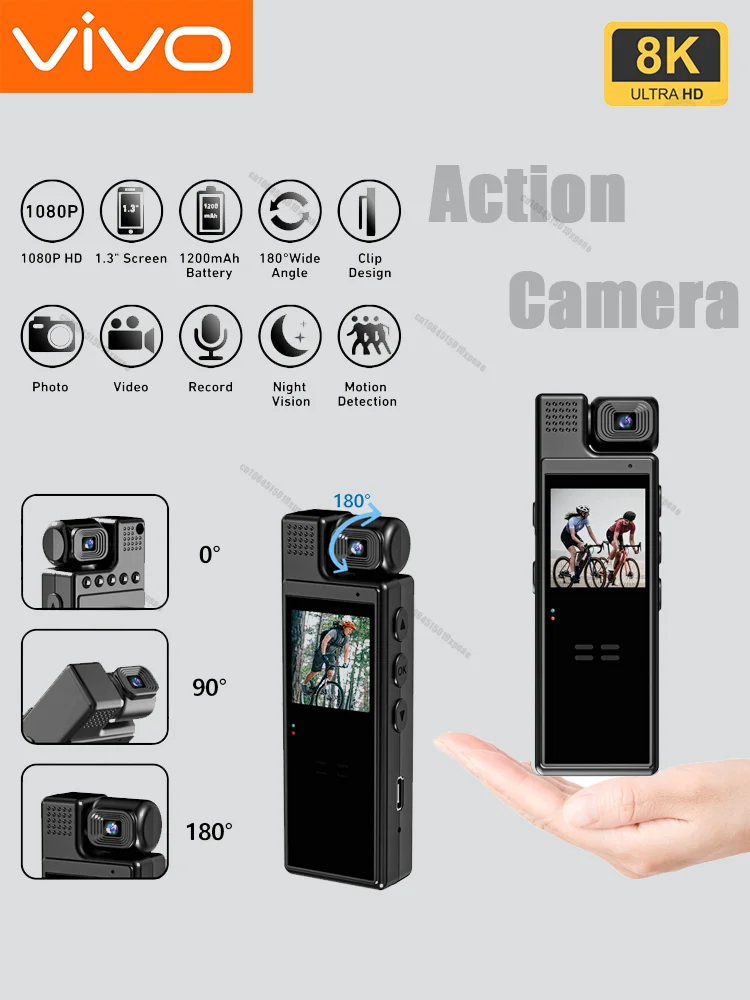 AliExpress Vivo VIVO 8K HD Mini Action Camera Wifi Back Clip 180° Rotatable IR Night Vision Sports Cam Travel Bicycle Driver Video Recorder