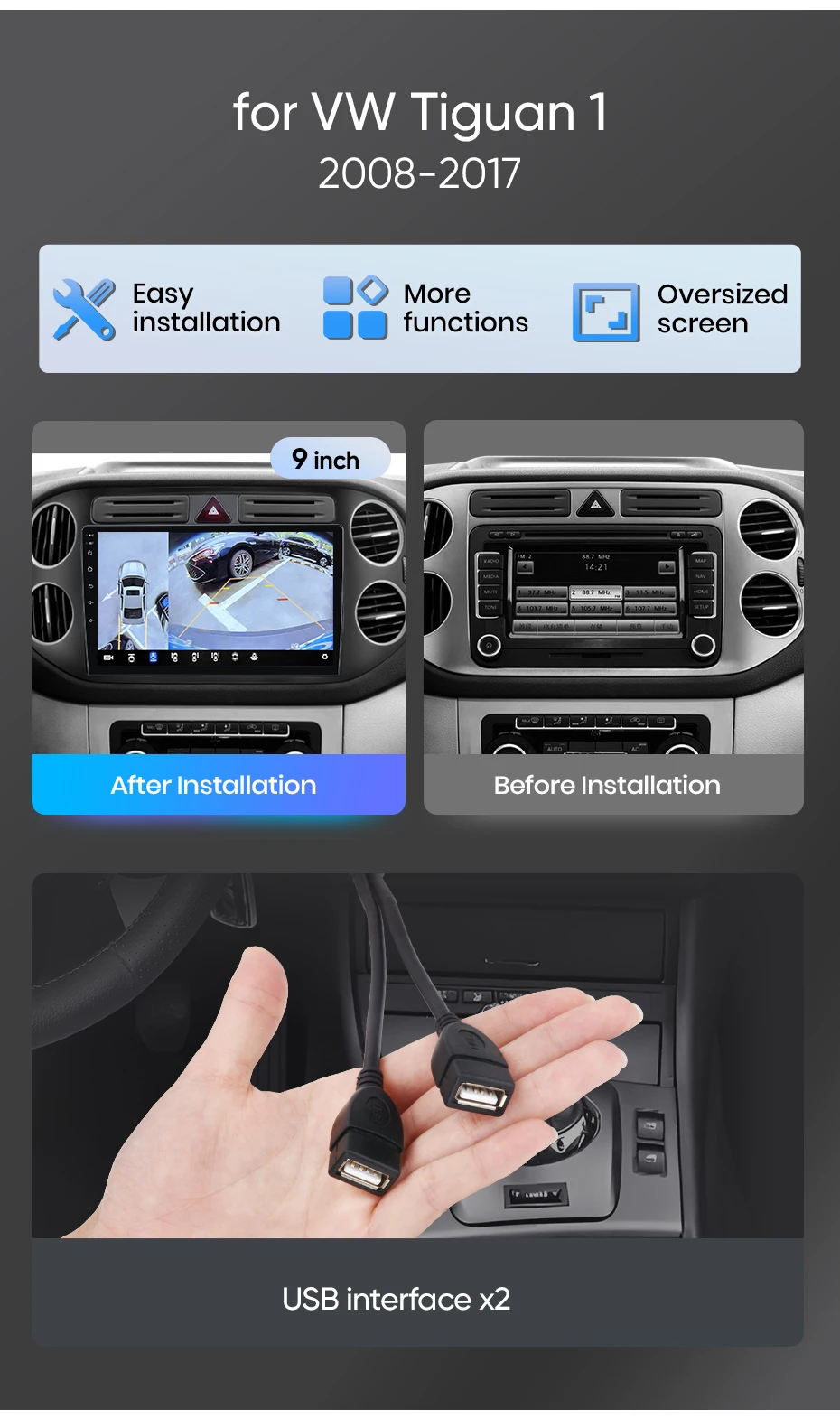 Junsun Autoradio für VW Volkswagen Tiguan 1 Nf 2006 2007 2008 2009 2010 - 2016 Carplay Android Auto FM RDS DSP BT GPS Navi SWC HD IPS Touchscreen Plug & Play Multimedia-Player Freisprecheinrichtung Original-Autostil Haupteinheit – Detail 5