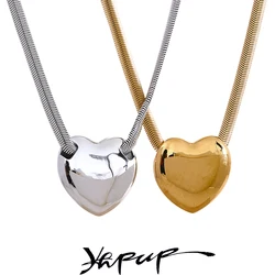 Yhpup Flat Snake Chain Stainless Steel Big Heart Love Pendant Necklace Metal Texture Waterproof Romantic Jewelry Party Gift