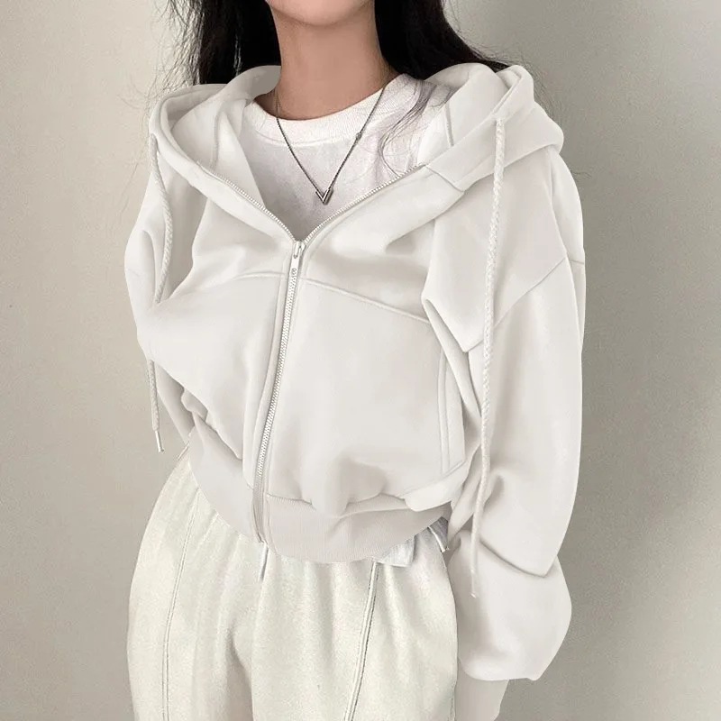 2025 Fall/Winter New Product INS Fleece Versatile Fashionable Short Slim Zipper Warm Solid Color Hooded Sweatshirt Women