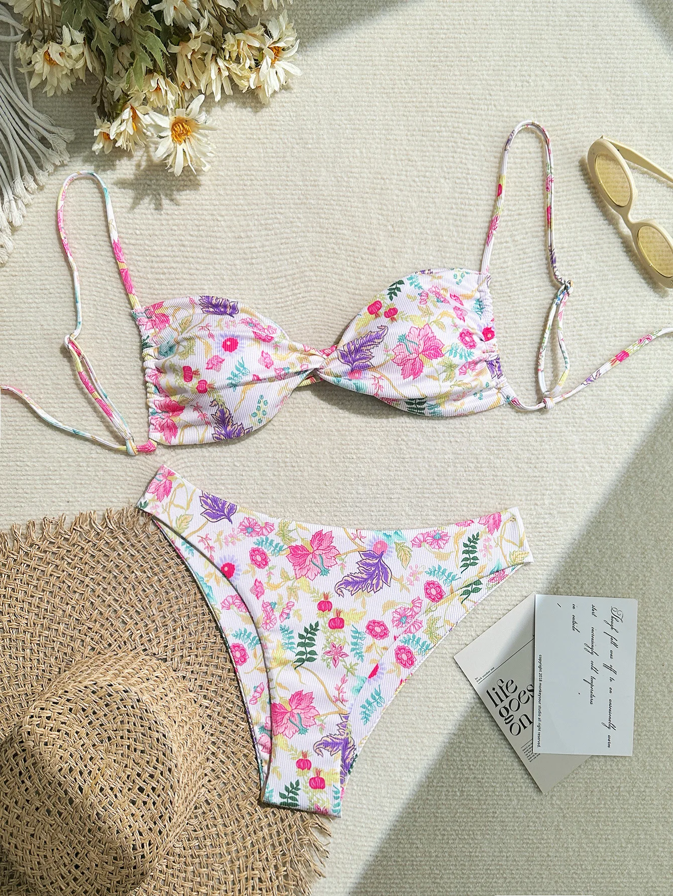 sexy flower print ribbed knot back tie bikinis sets two pieces thong swimsuits bathing suit swimwear trikini biquini tankini