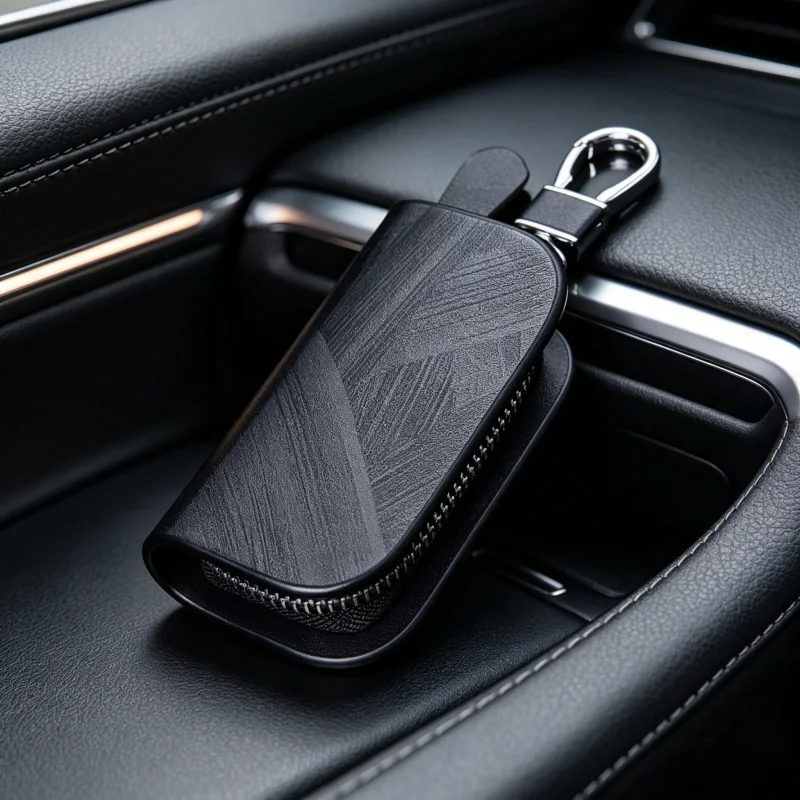 PU Leather Car Key Case With Laser Engraved Cross, Key Fob Protector Zipper Bag Keychain Holder, Universal Remote Key Cover