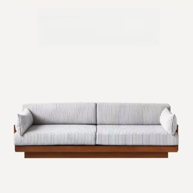 Solid wood cotton and linen fabric sofa retro small apartment living room striped fabric sofa