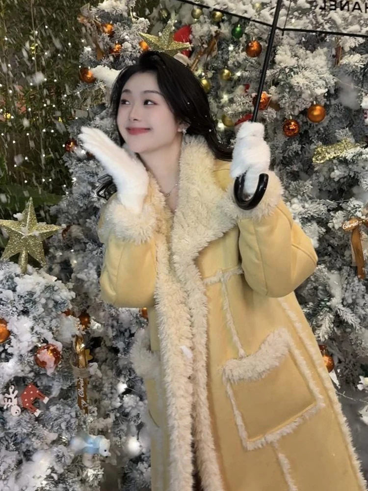 

Корейское свободное шерстяное пальто с отделкой мехом ягненка, женское зимнее пальто 2024, новая верхняя одежда средней длины, длинная свеч на одной пуговице