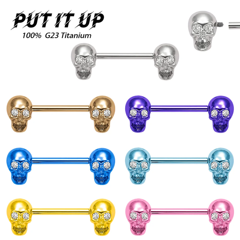 

PUTITUP ASTM F136 Titanium Alloy New Implant-Grade Zirconia Skull Nipple Studs 14G Anodized Gothic Body Piercing Jewelry