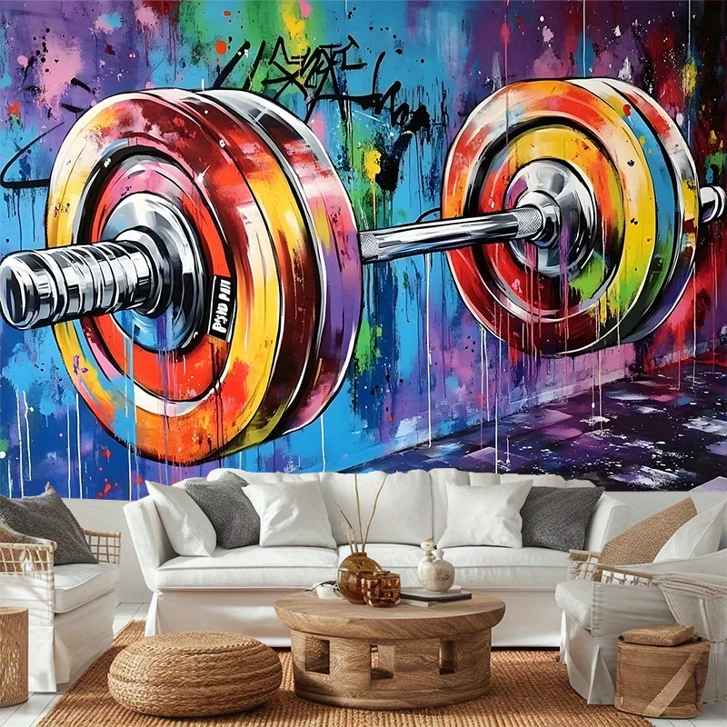 Vibrant Abstract Gym Weights Tapestry Wall Art Fitness Workout Decor Graffiti Pop Art Polyester Canvas Hanging for Home Room