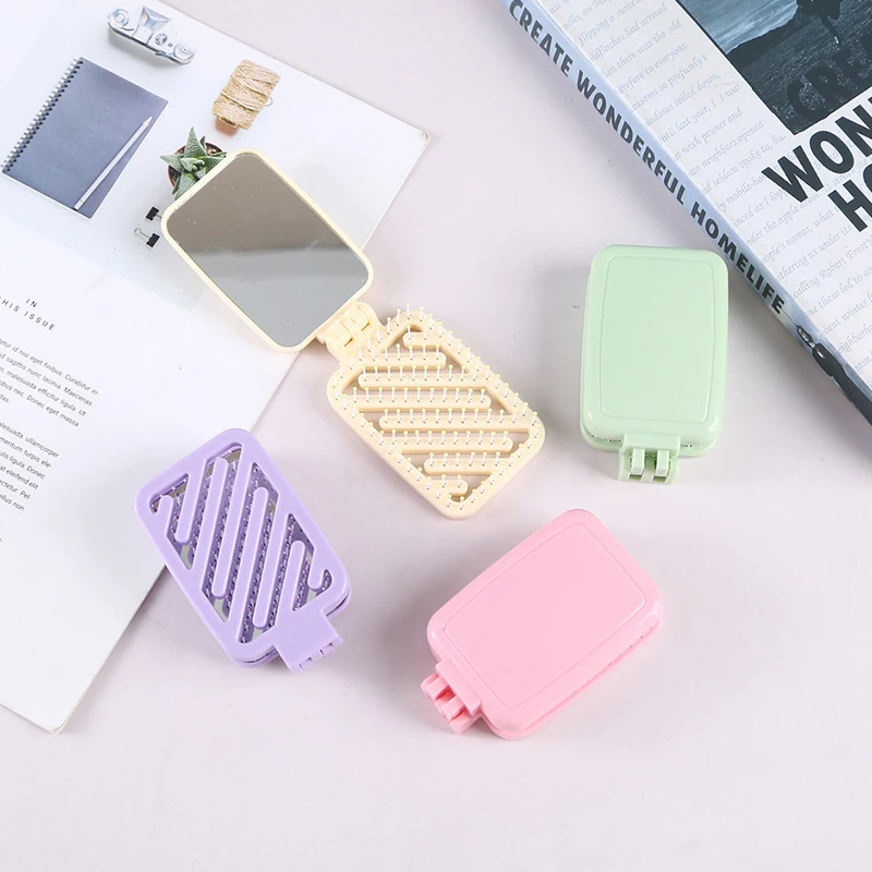 Mini Pocket Mirror Folding Comb Girl Women Portable Square Pocket Small Travel Massage Hair Brush With Mirror Styling Accessory