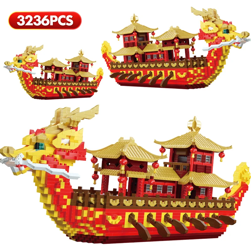 

3236pcs Mini City Chinese Traditional Royal Dragon Boat Architecture Building Blocks Festival Bricks Toys for Children Gifts