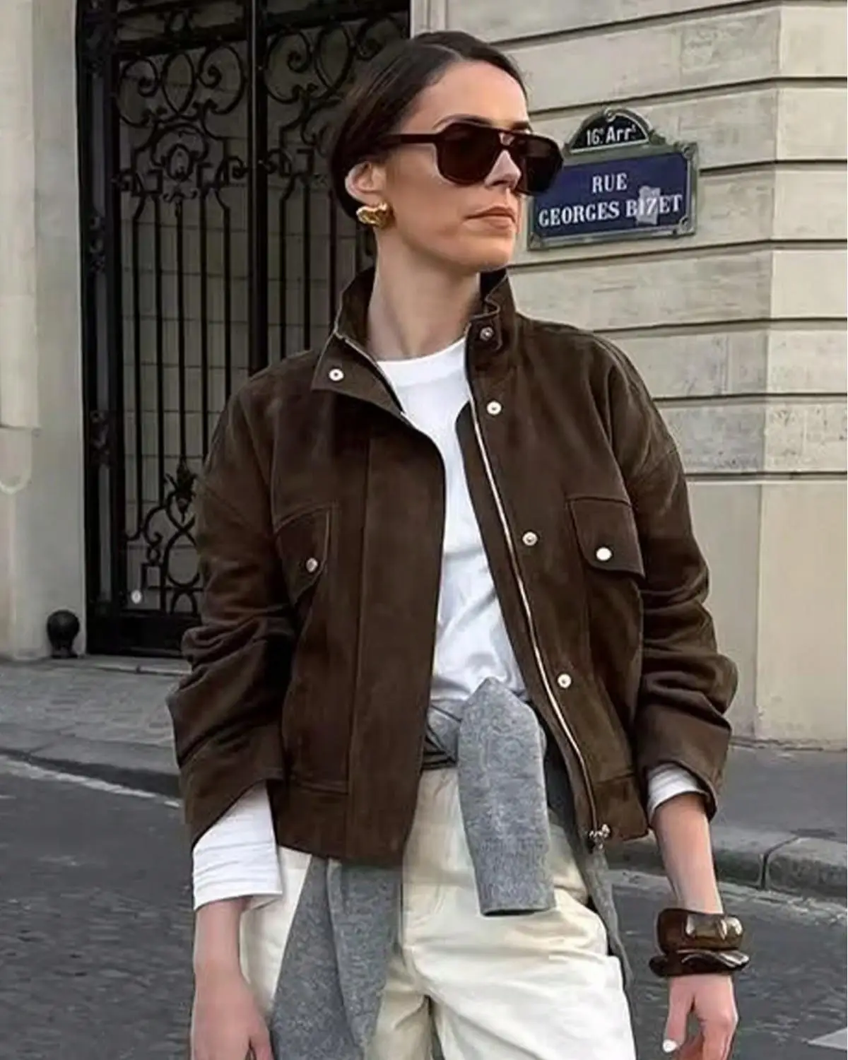 

Bomber Jackets Womens Jacket Brown Autumn Herringbone Ribbed Hem Minimalist OL Business Office Professional Class Elegant Simple