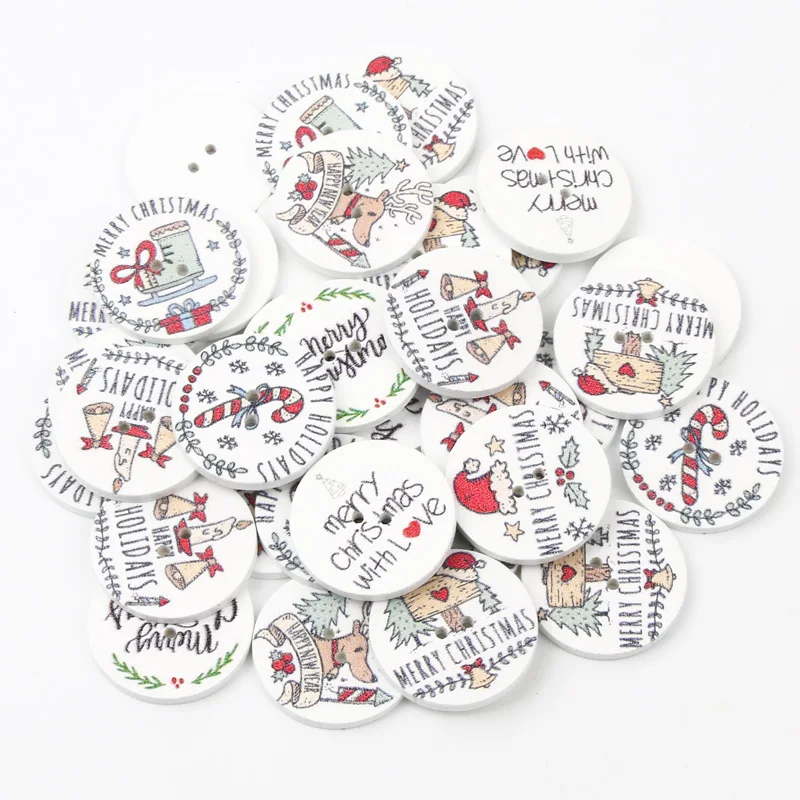 30pcs 25mm Round Mixed Christmas Button Cartoon Sewing Wooden Buttons For Clothing Scrapbooking Crafts Xmas Decorate Card