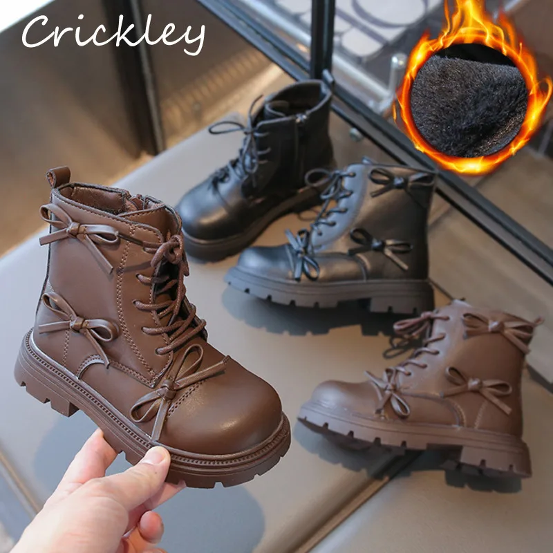 

Однотонные модные ботинки для девочек с бантом, зимние мягкие детские ботинки принцессы из искусственной кожи, зимние плюшевые теплые нескользящие детские ботильоны на молнии