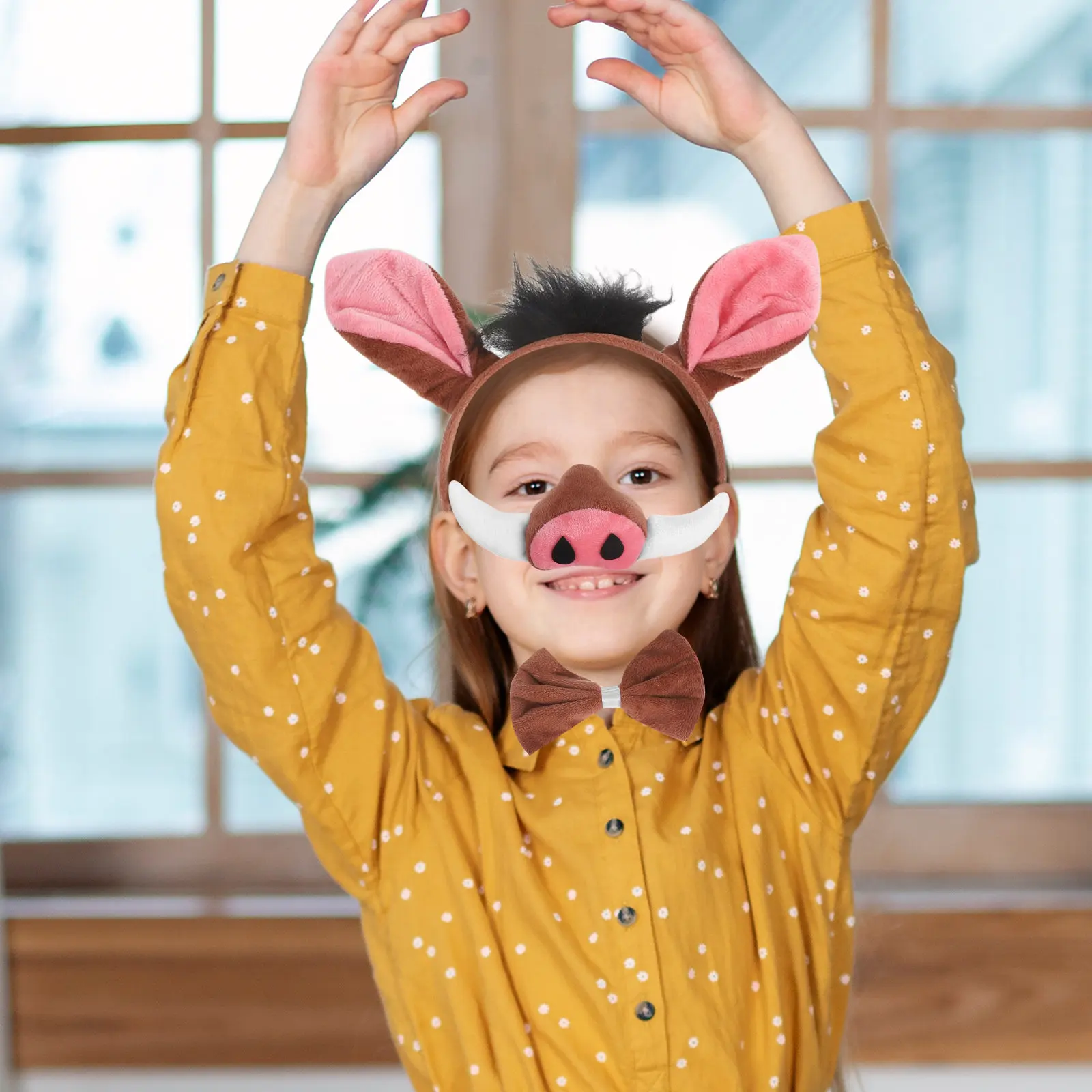 1Set Pig Animal Headband Set for Costume Accessories Includes Tail Nose Bow Tie Flannel Iron Wire Comfortable Fit